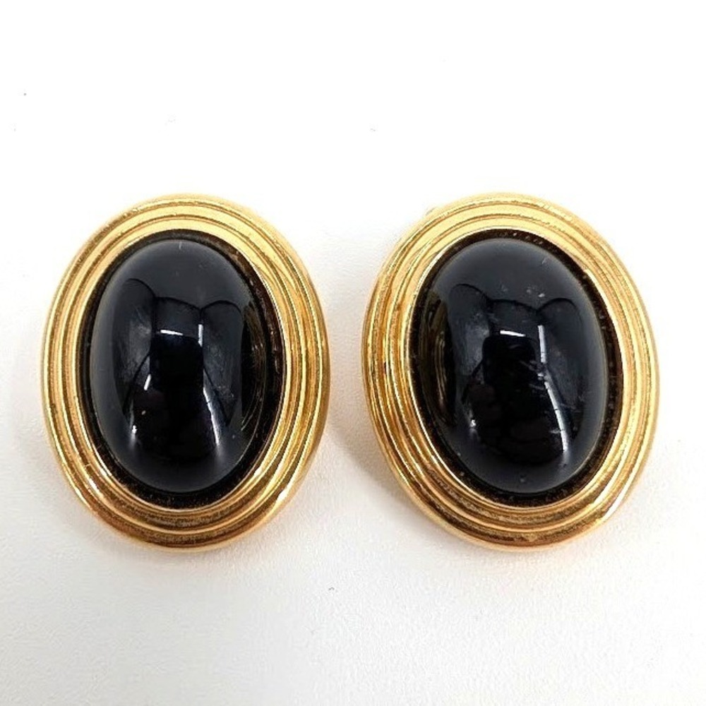 Vintage Christian Dior Black Cabochon Clip Earrings Gold Tone Oval 1980s‎ Signed